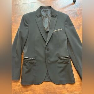 Versace Collection Black Leather Accent Slim Luxury Suit Coat Blazer Size 48